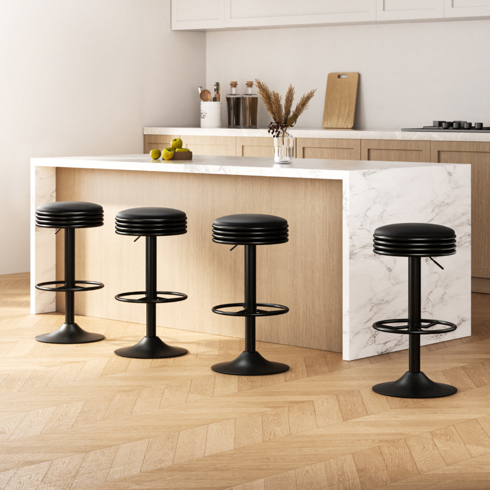 4x Bar Stools Leather Padded Gas Lift Black