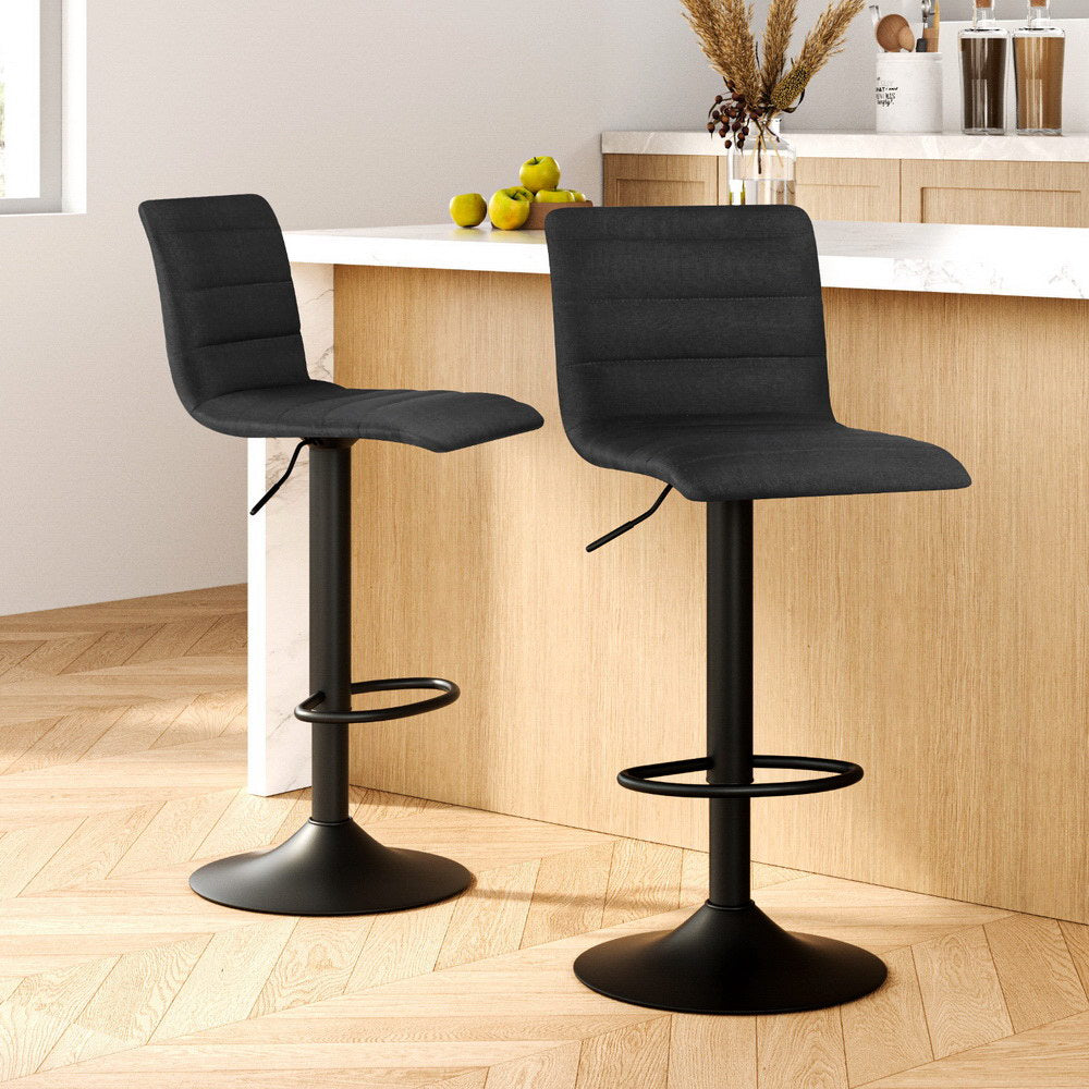 2x Bar Stools Gas Lift Linen Fabric Black