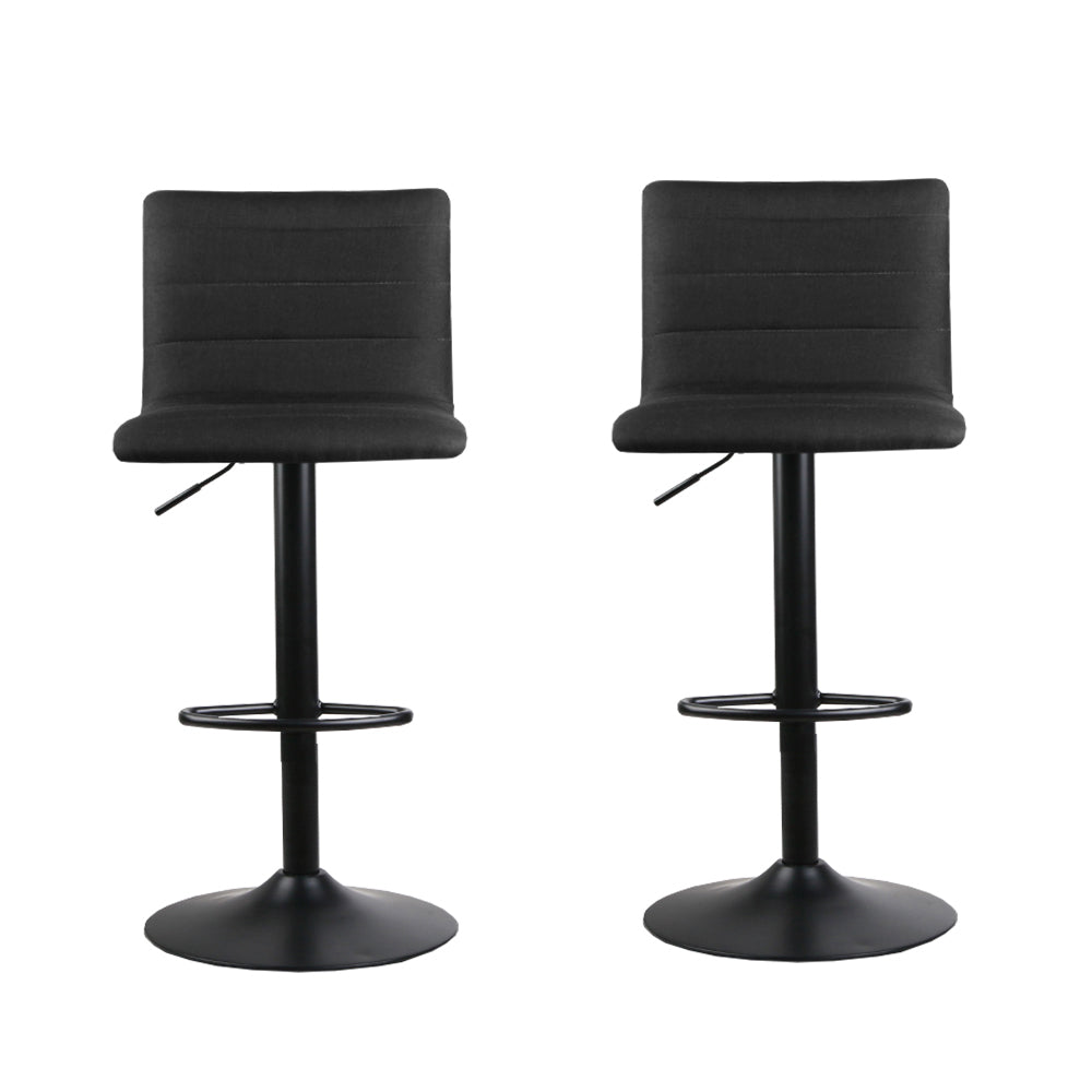 2x Bar Stools Gas Lift Linen Fabric Black