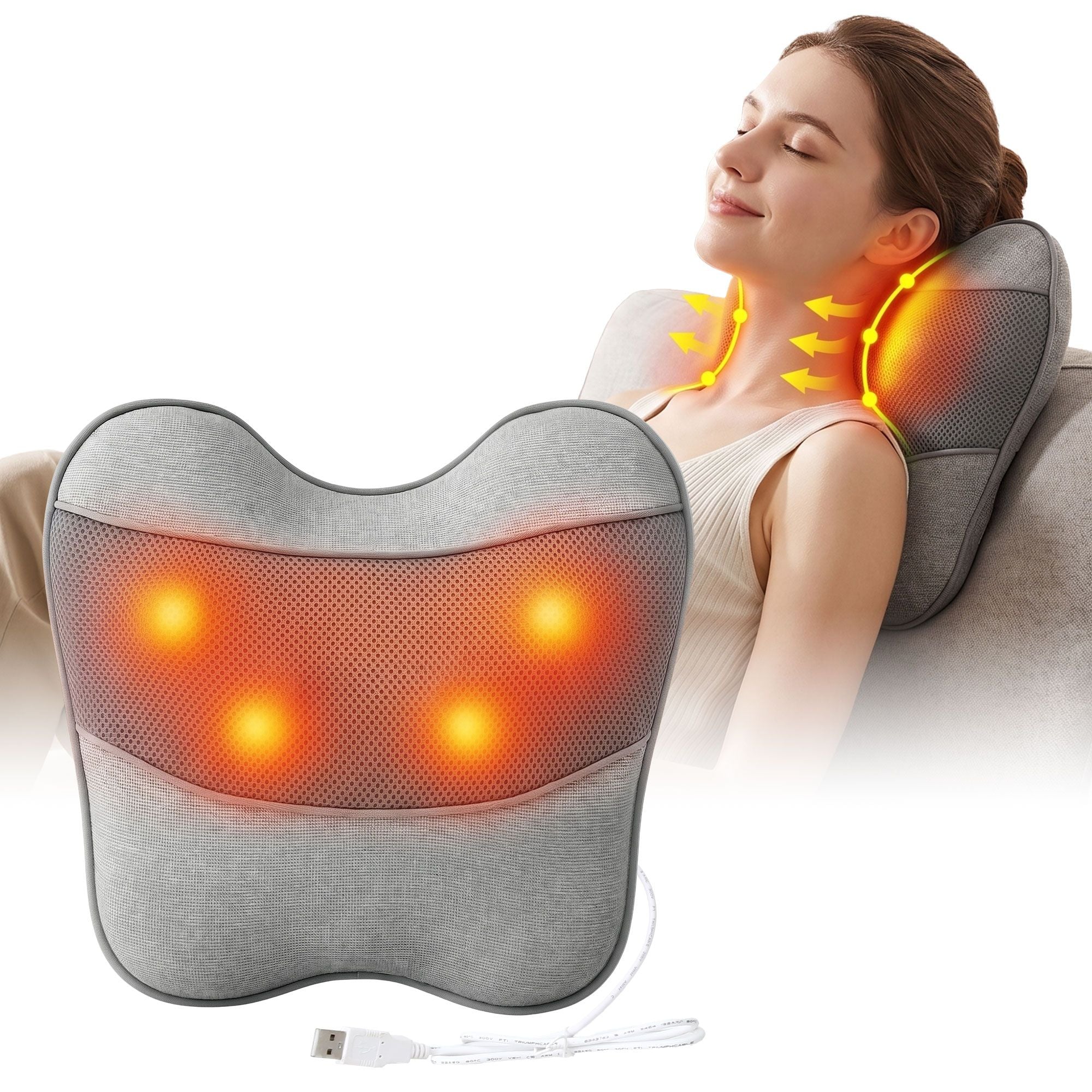 Livemor Back Massager with Heat, USB Neck and Shoulder Massage Pillow, 3-Speed Ergonomic Lumbar Support Cushion for Office Chair, Portable Muscle Relief for Back, Thigh & Calf, Grey