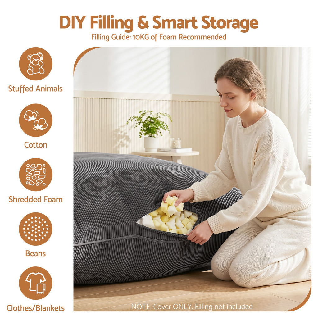 Artiss 3 in 1 Bean Bag Chair Cover (No Filler) Convertible Bean Bag for Adults, Corduroy Stuffed Animal Storage Bean Bag Cover Washable for Living Room Bedroom, Grey