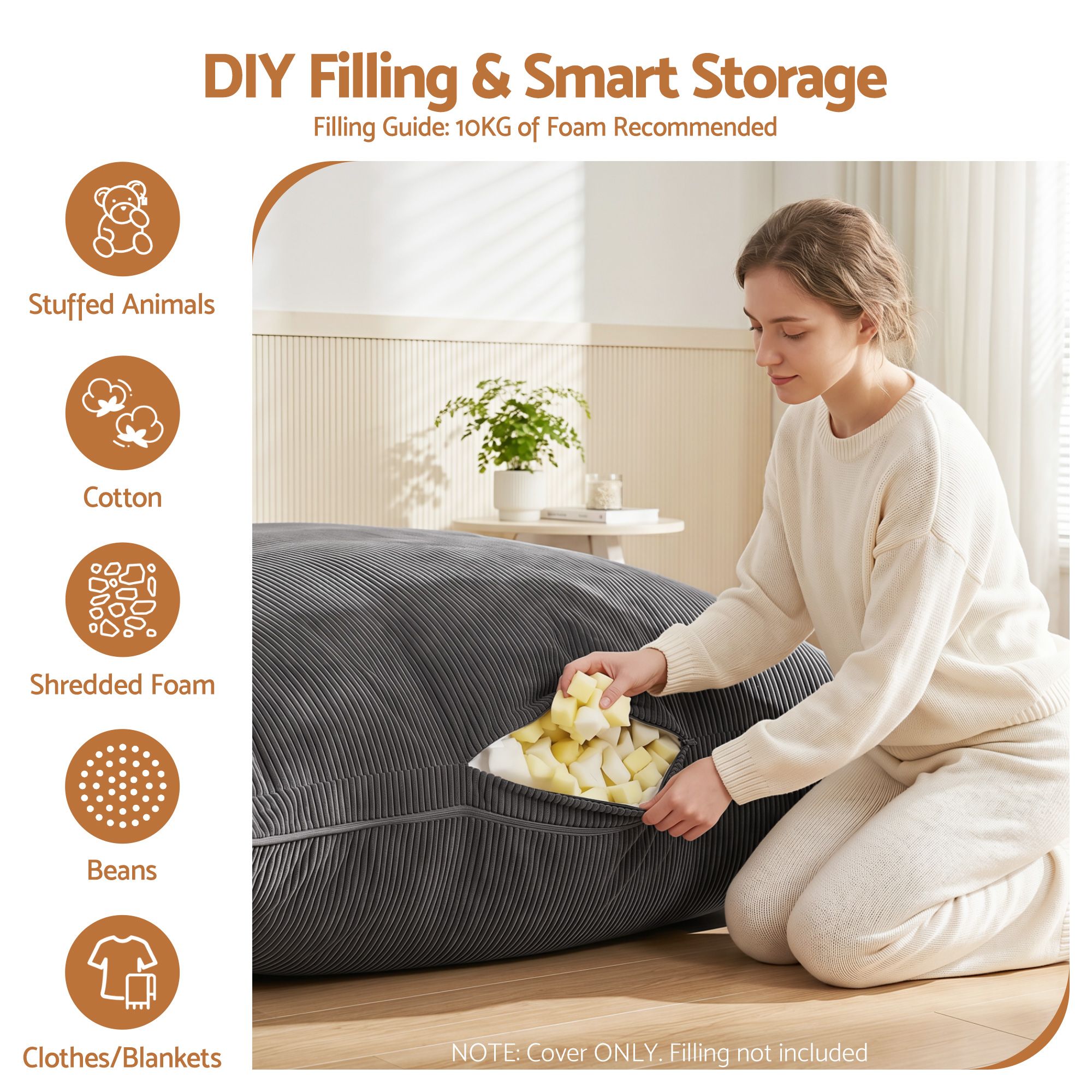 Artiss 3 in 1 Bean Bag Chair Cover (No Filler) Convertible Bean Bag for Adults, Corduroy Stuffed Animal Storage Bean Bag Cover Washable for Living Room Bedroom, Grey