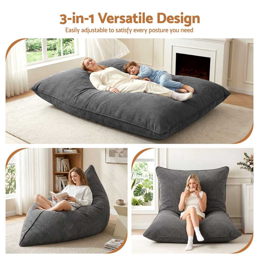 Artiss 3 in 1 Bean Bag Chair Cover (No Filler) Convertible Bean Bag for Adults, Corduroy Stuffed Animal Storage Bean Bag Cover Washable for Living Room Bedroom, Grey
