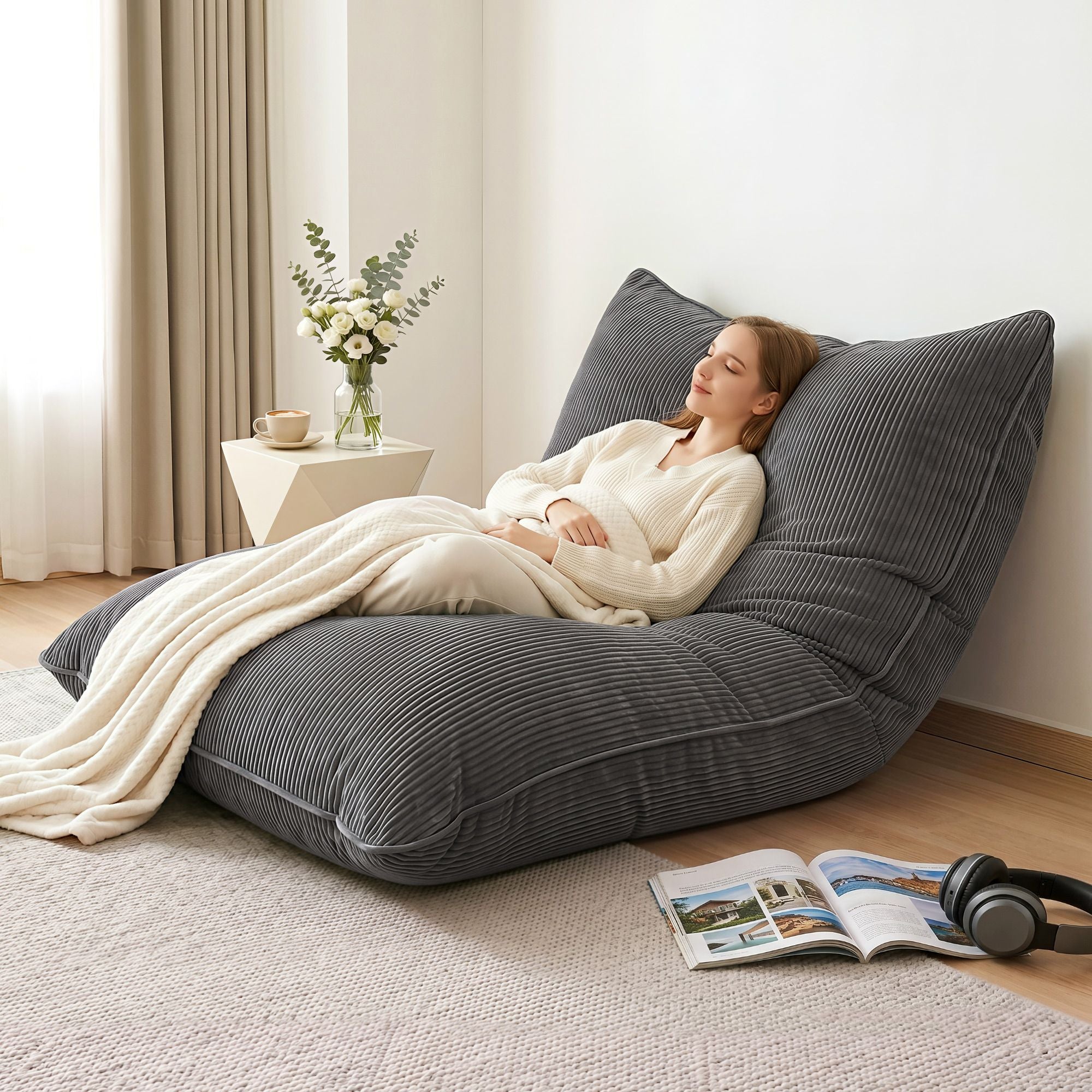 Artiss 3 in 1 Bean Bag Chair Cover (No Filler) Convertible Bean Bag for Adults, Corduroy Stuffed Animal Storage Bean Bag Cover Washable for Living Room Bedroom, Grey