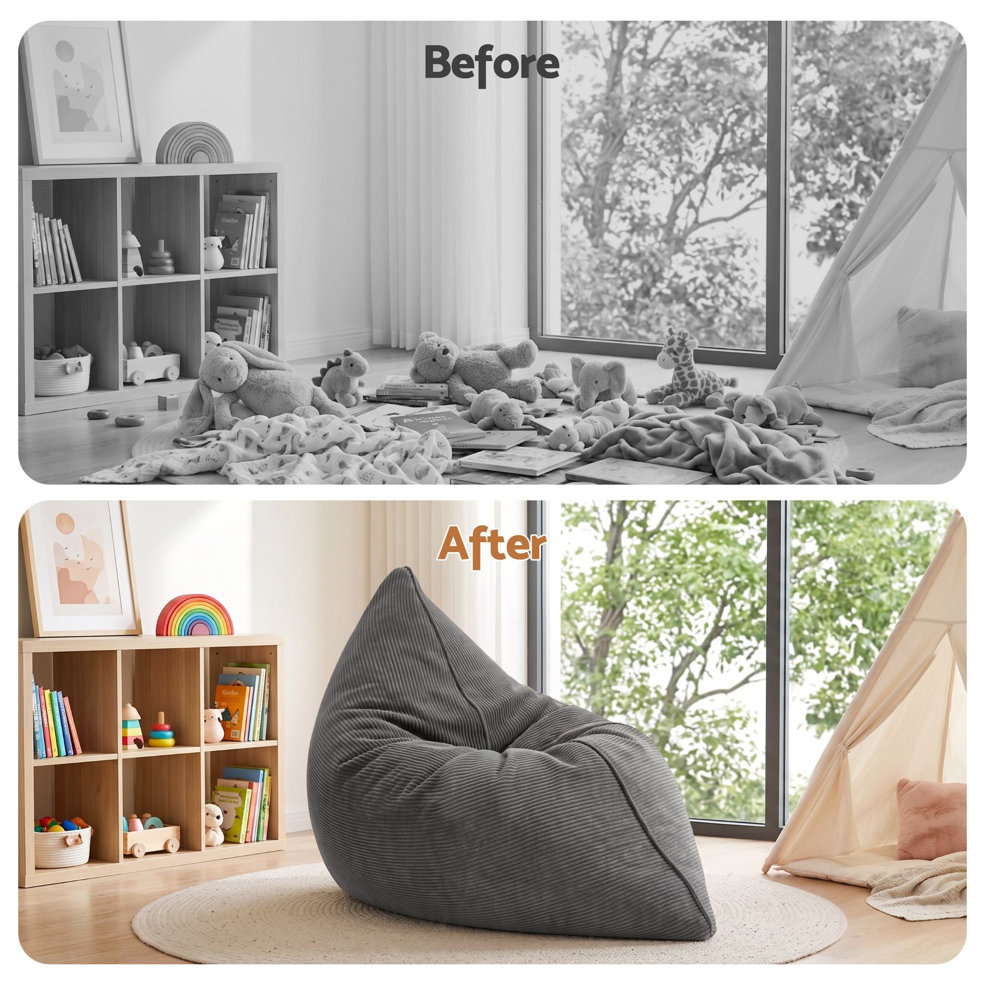 Artiss 3 in 1 Bean Bag Chair Cover (No Filler) Convertible Bean Bag for Adults, Corduroy Stuffed Animal Storage Bean Bag Cover Washable for Living Room Bedroom, Grey