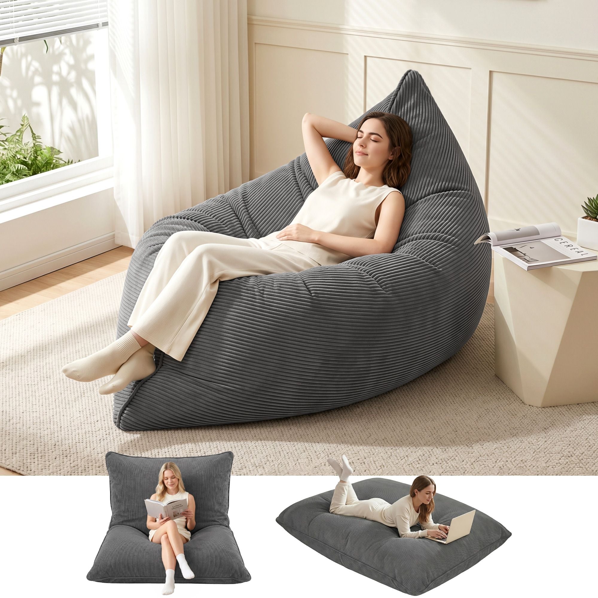 Artiss 3 in 1 Bean Bag Chair Cover (No Filler) Convertible Bean Bag for Adults, Corduroy Stuffed Animal Storage Bean Bag Cover Washable for Living Room Bedroom, Grey