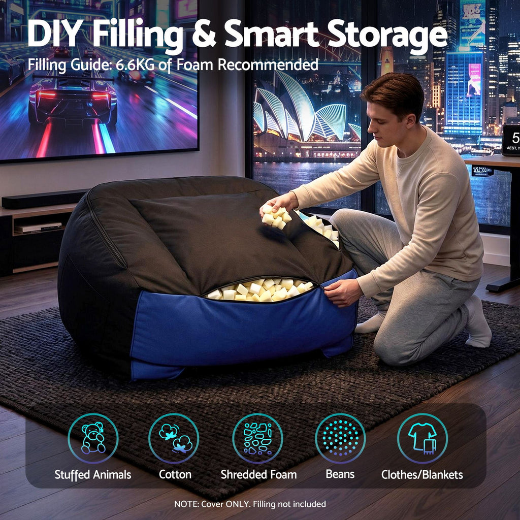 Artiss Gaming Bean Bag Chair Cover (No Filler) for Adults Teens Kids Splash-Proof Floor Gaming Chair Cover with Side Pockets, Headphone Hanger, Cup Holder, Bean Bag Cover Only