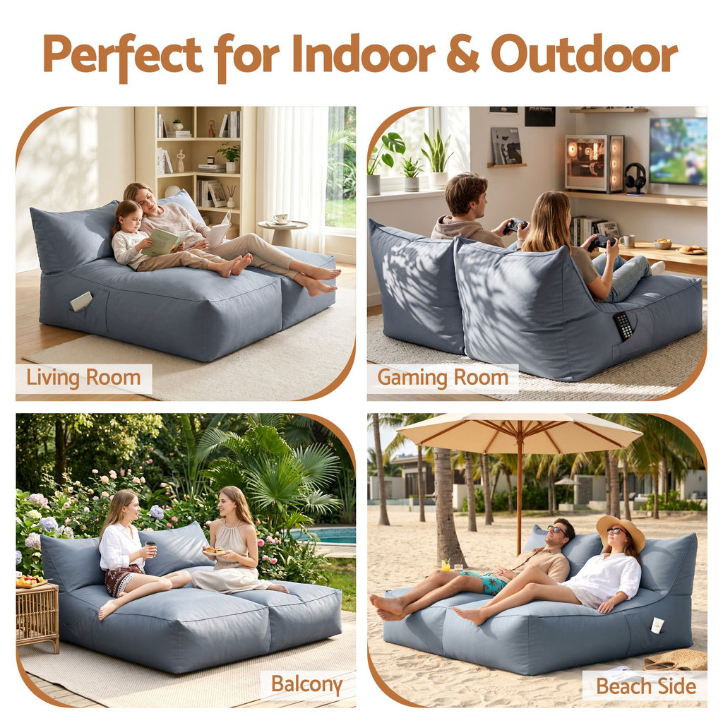Artiss Outdoor Bean Bag Chair Cover (No Filler) 2 Seater Beanbag Lounge Sofacover Adults Splash-Proof Large Bean Bag Cover for Patio Poolside Relaxing Indoor, Grey