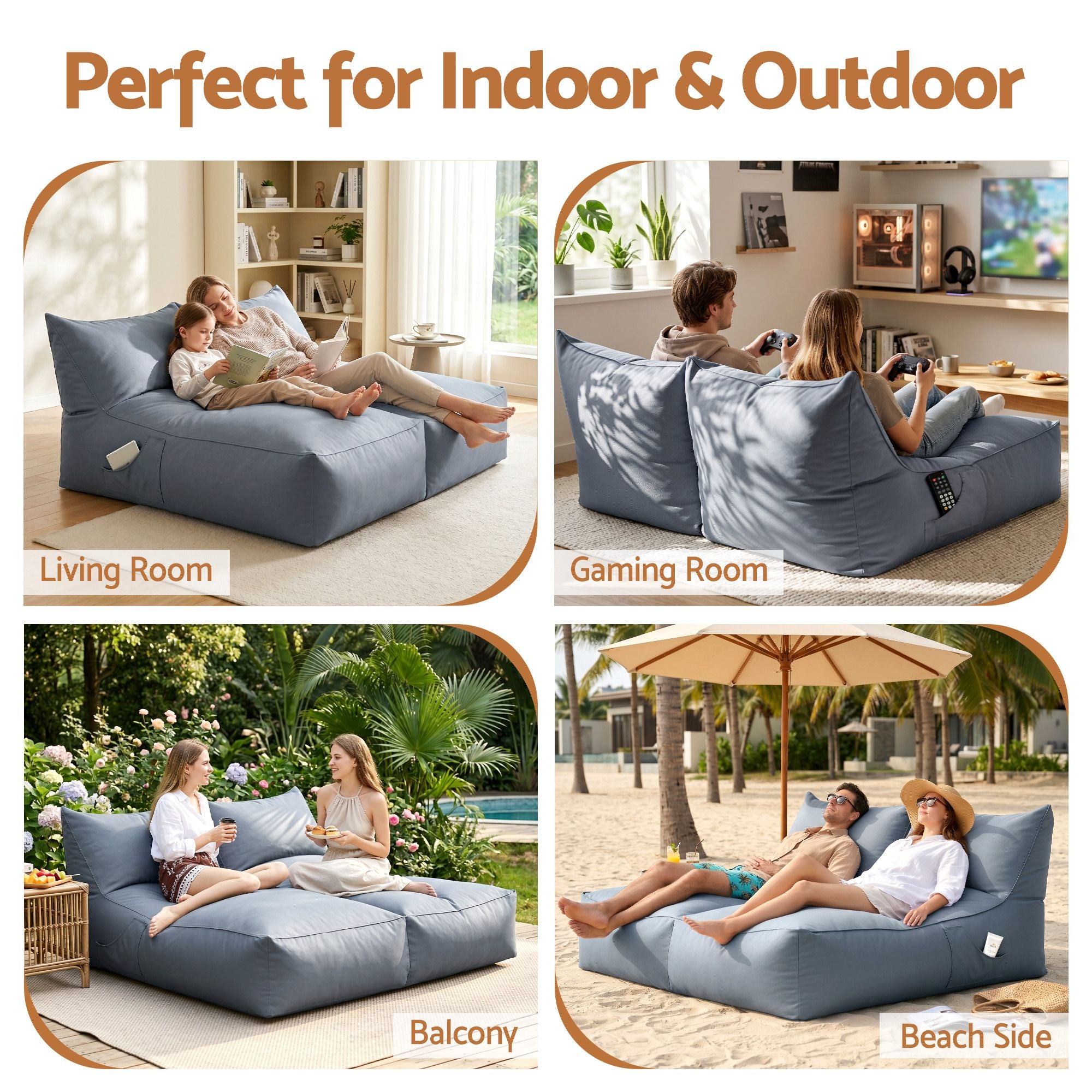 Artiss Outdoor Bean Bag Chair Cover (No Filler) 2 Seater Beanbag Lounge Sofacover Adults Splash-Proof Large Bean Bag Cover for Patio Poolside Relaxing Indoor, Grey