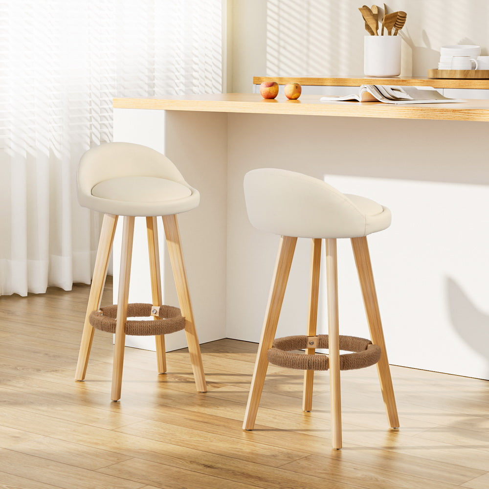 2x Bar Stools Padded Leather Wooden Beige