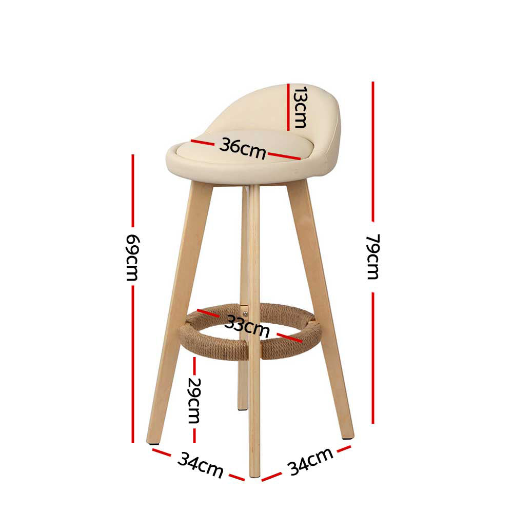 2x Bar Stools Padded Leather Wooden Beige