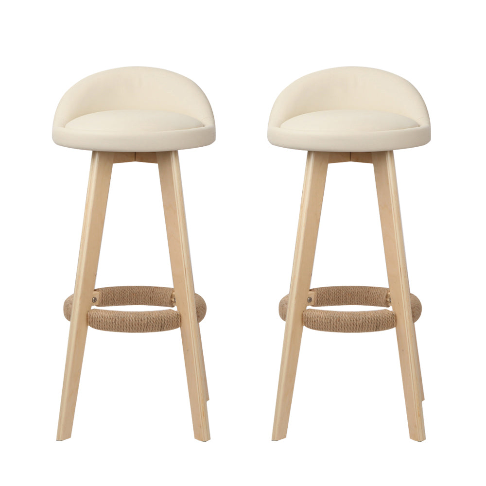 2x Bar Stools Padded Leather Wooden Beige