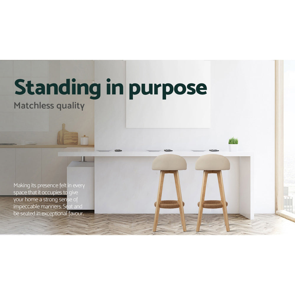 2x Bar Stools Padded Leather Wooden Beige