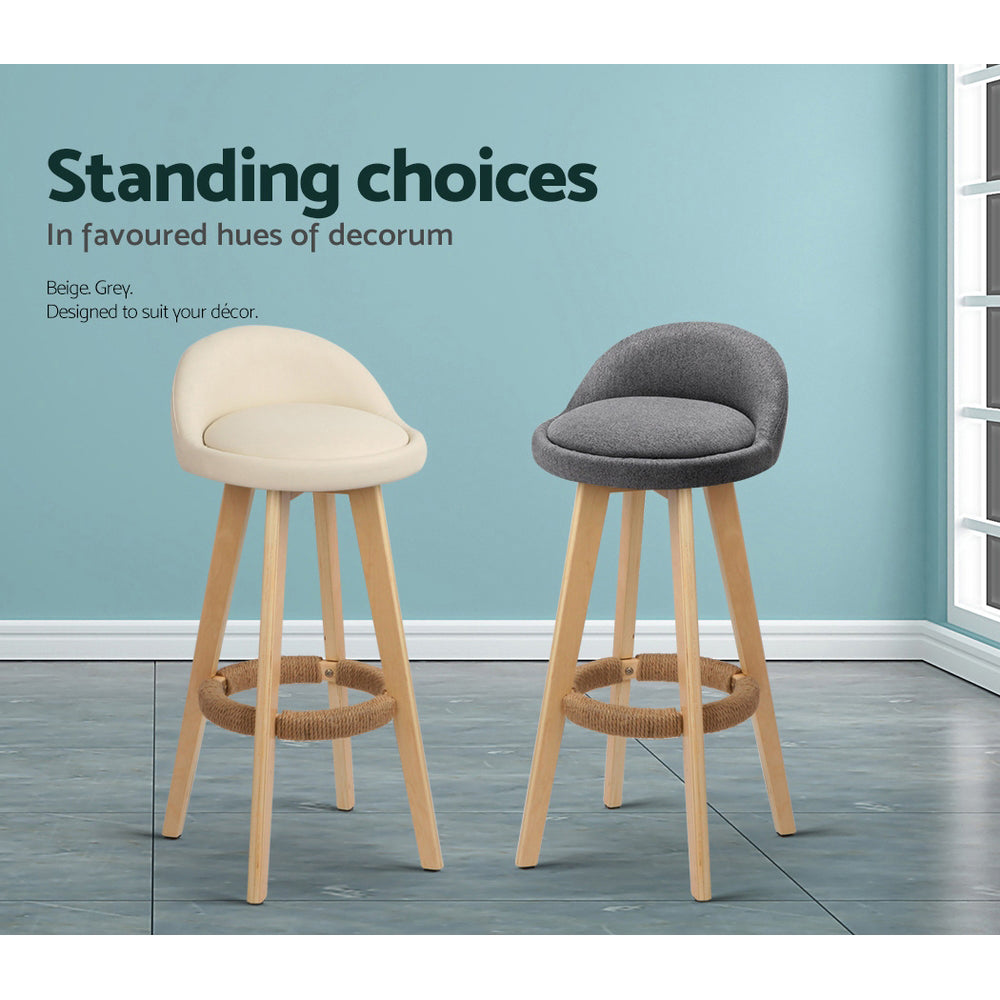 2x Bar Stools Padded Leather Wooden Beige