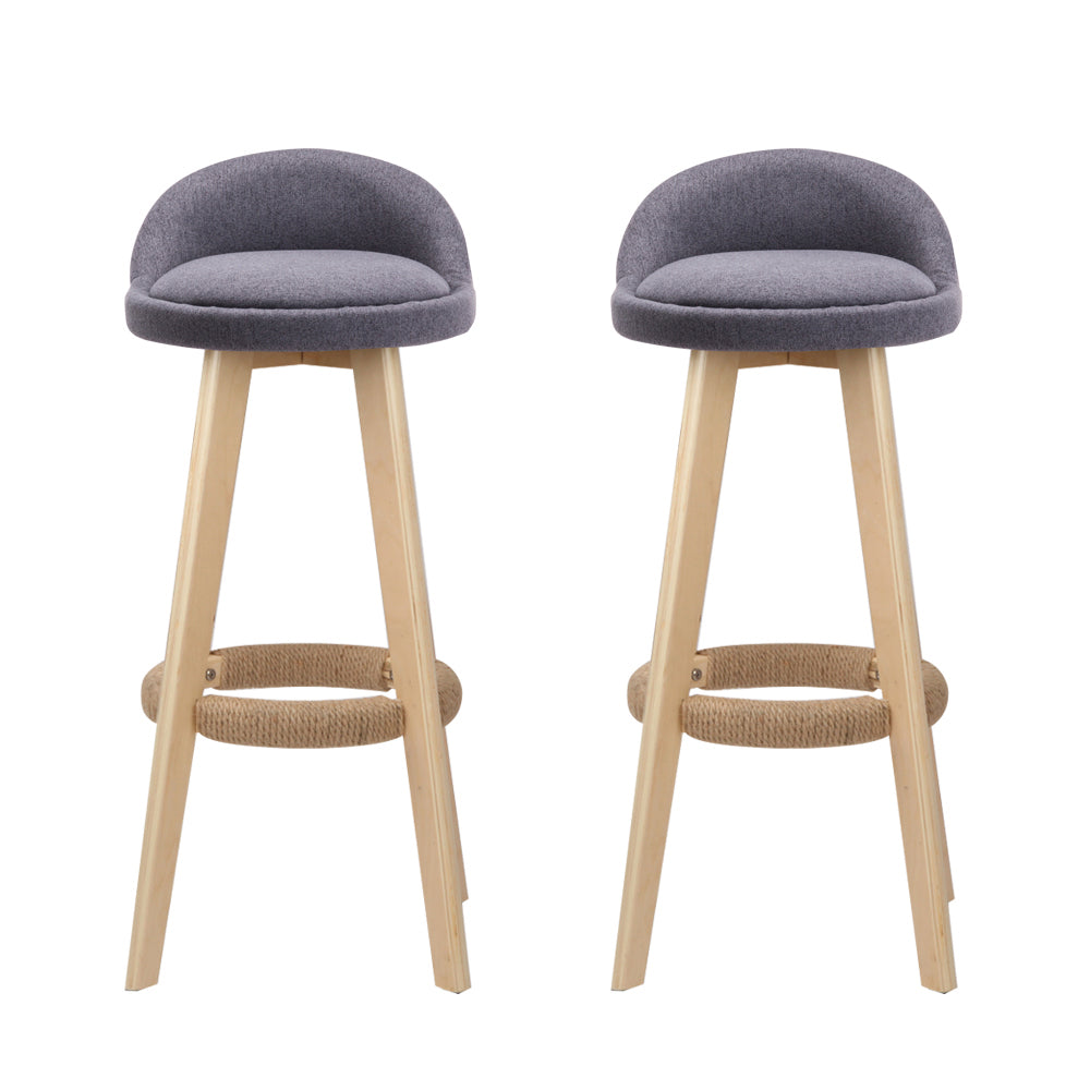 2x Bar Stools Padded Linen Wooden Grey