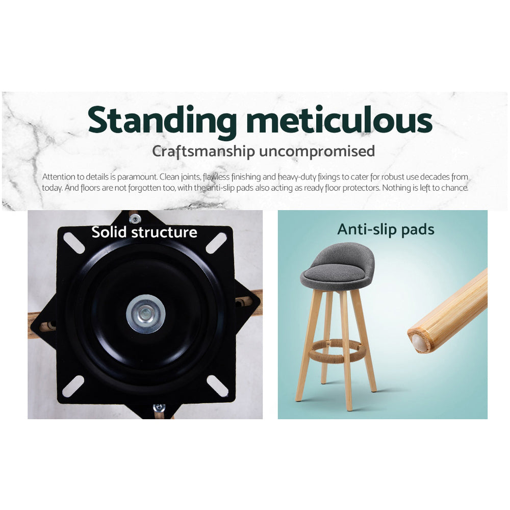 2x Bar Stools Padded Linen Wooden Grey