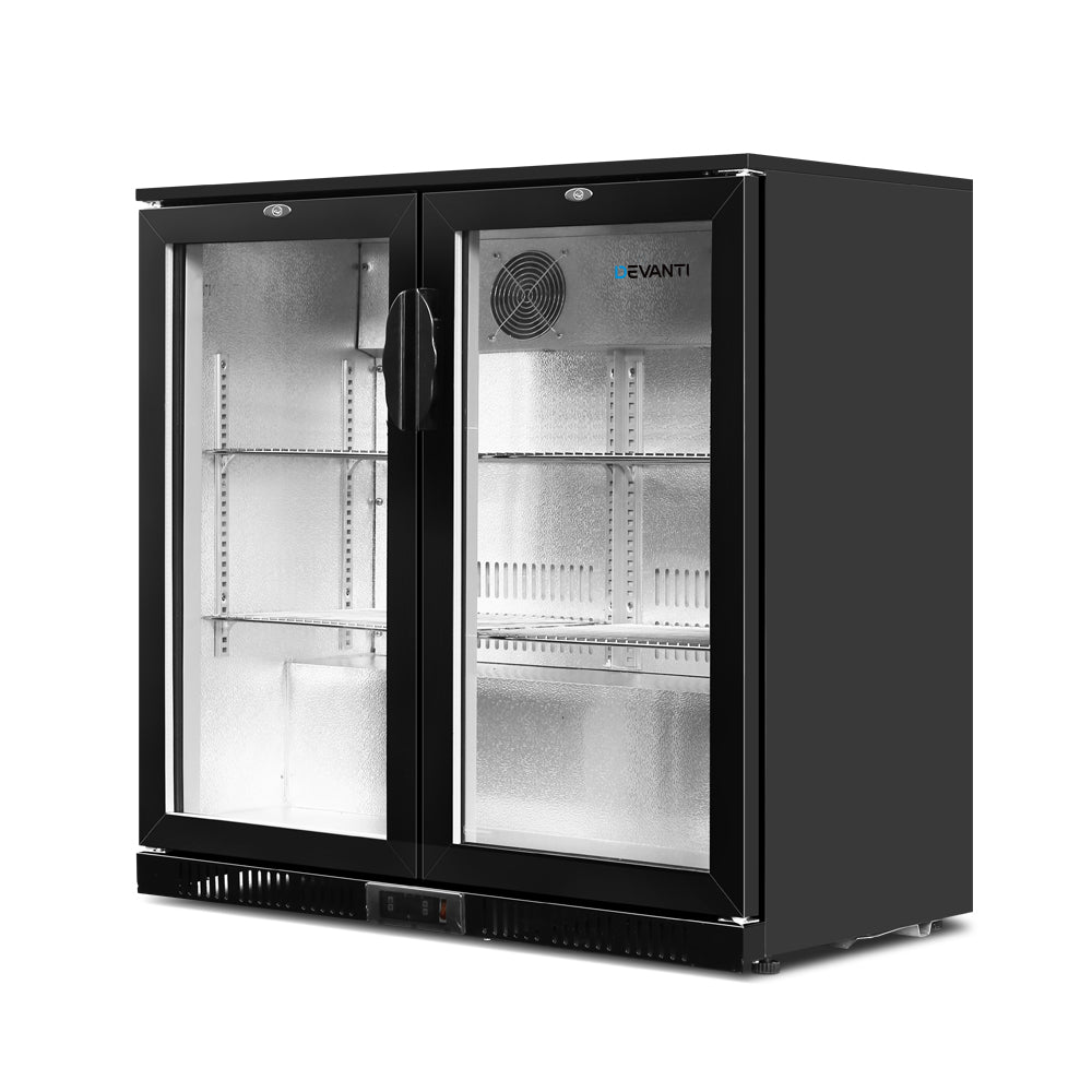198L Bar Fridge Dual Glass Door w/Light Black