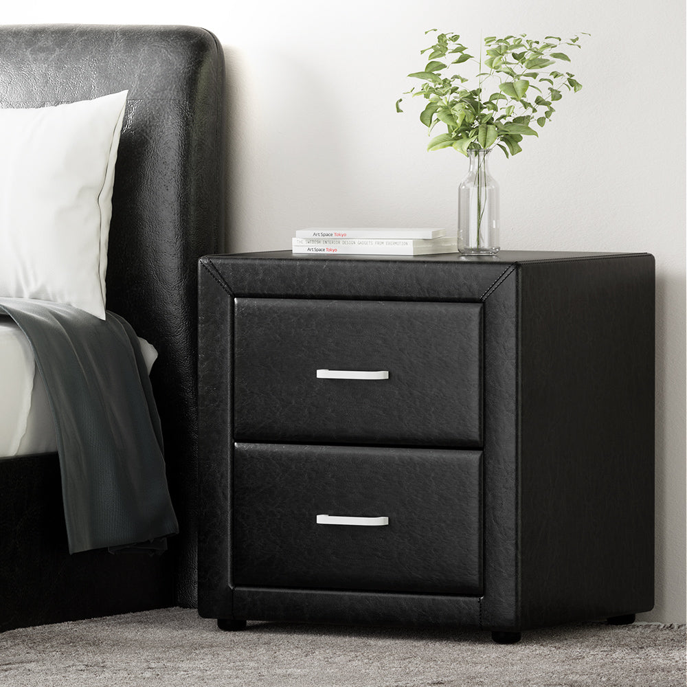 Bedside Table 2 Drawers Side Table Leather - CADEN Black