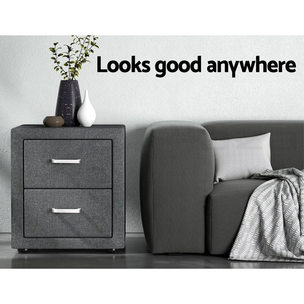 Artiss 2X Bedside Table 2 Drawers Side Table Fabric - CADEN Grey