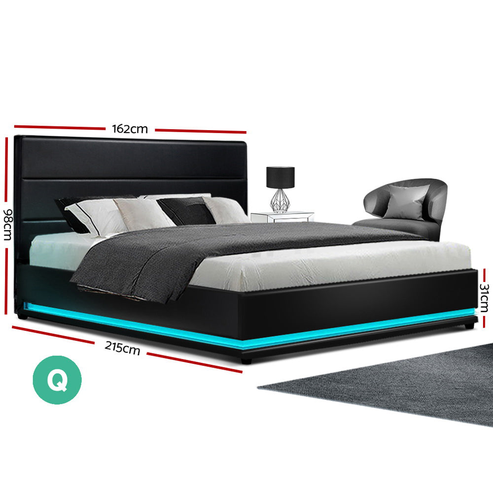 Bed Frame Queen Size LED Gas Lift Black LUMI