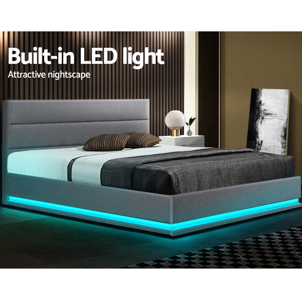 Bed Frame Queen Size LED Gas Lift Grey LUMI