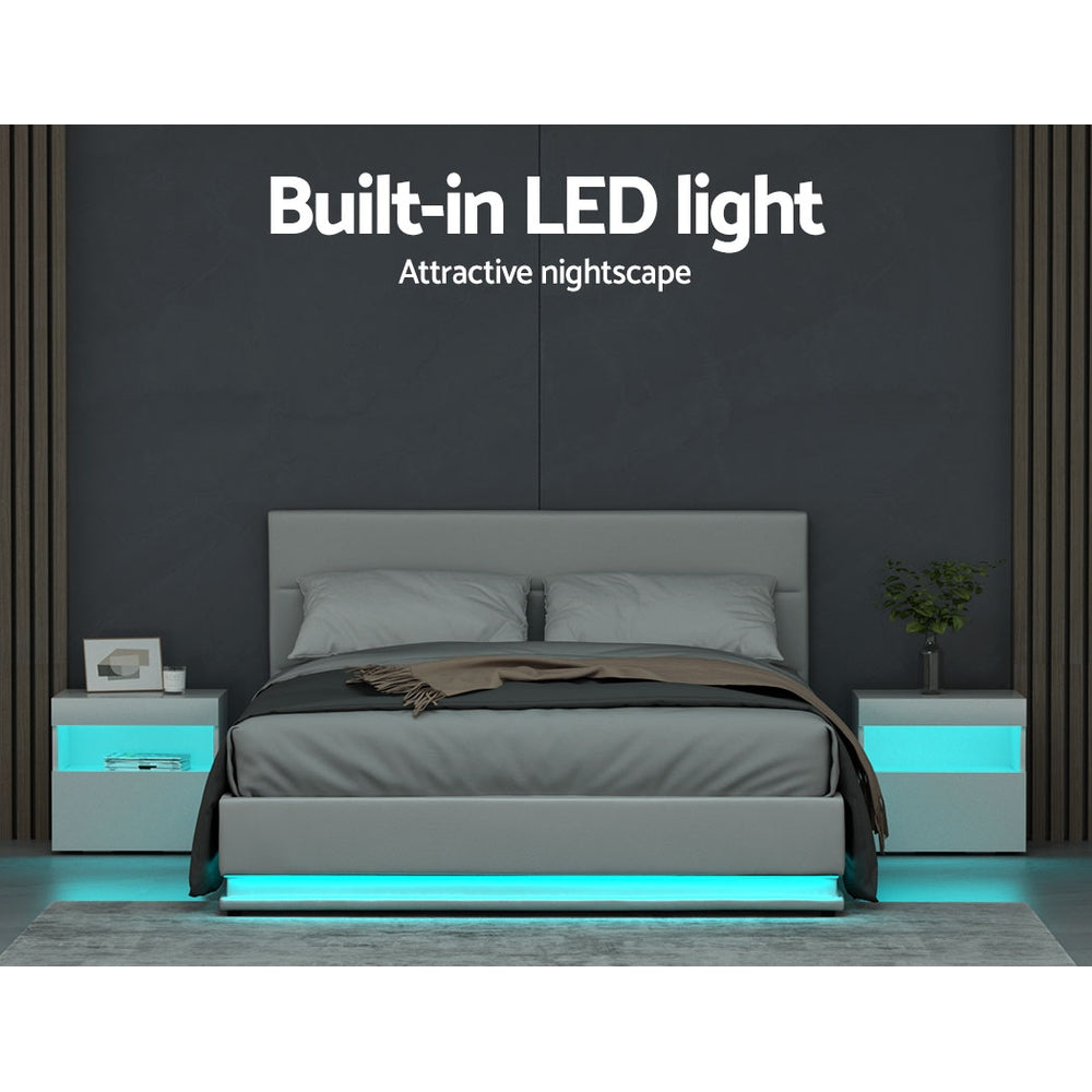 Bed Frame Queen Size LED Gas Lift White LUMI