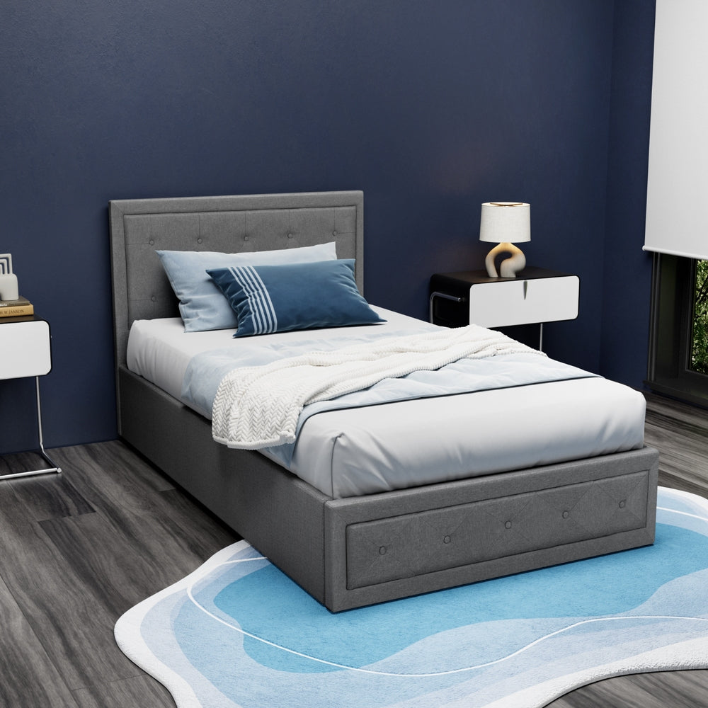 Bed Frame King Single Size Gas Lift Storage Mattress Base Wooden Grey