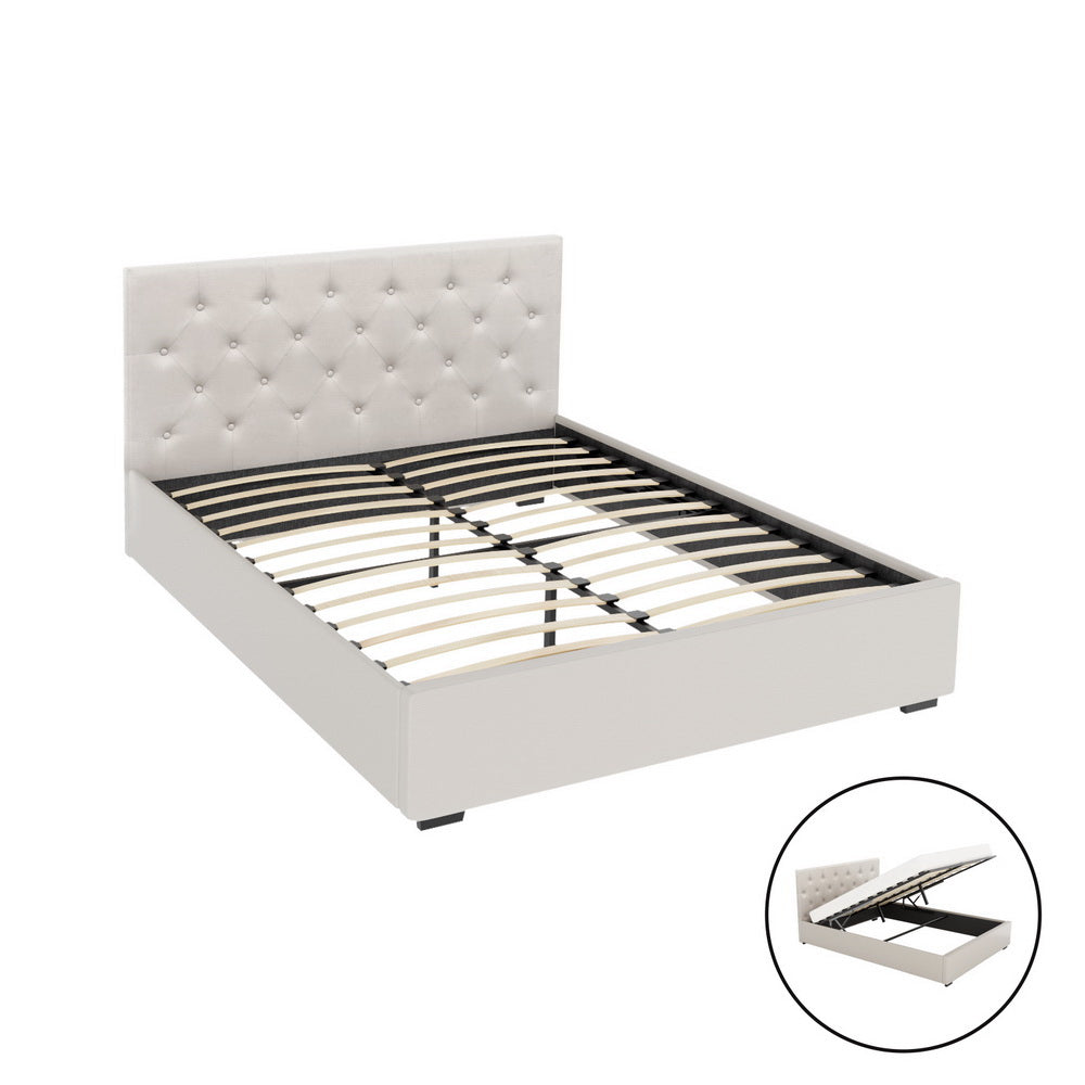 Bed Frame Double Size Gas Lift Beige VILA