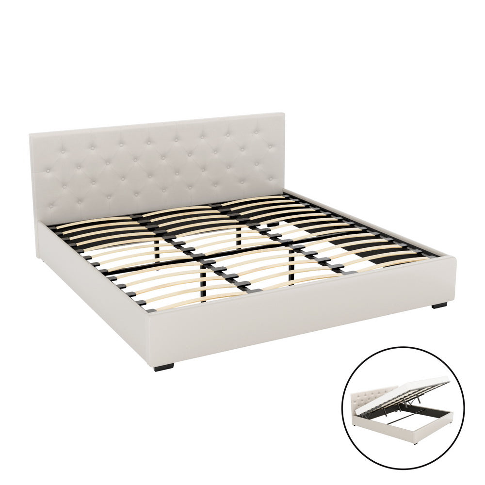 Bed Frame King Size Gas Lift Beige VILA