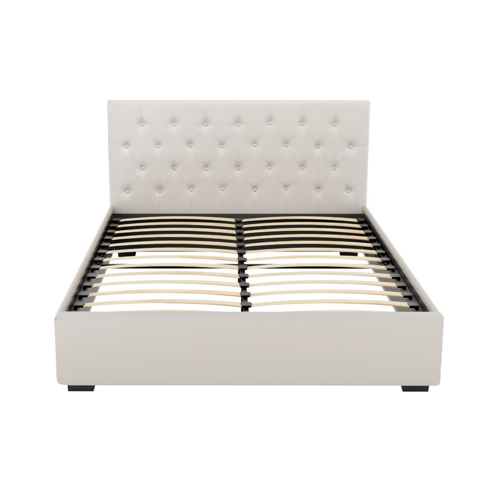 Bed Frame Queen Size Gas Lift Beige VILA