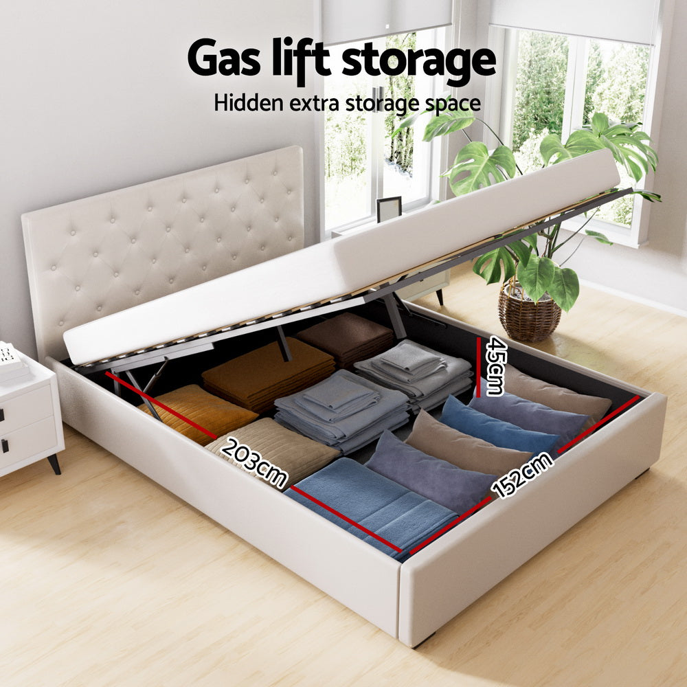 Bed Frame Queen Size Gas Lift Beige VILA