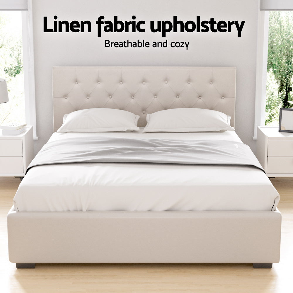 Bed Frame Queen Size Gas Lift Beige VILA