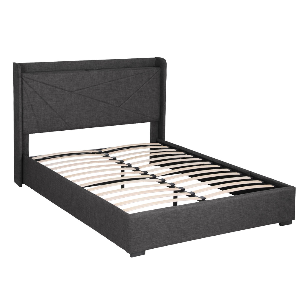 Artiss Double Bed Frame Gas Lift Storage Bed with Charging Ports Upholstered Geometric Headboard Charcoal Grey