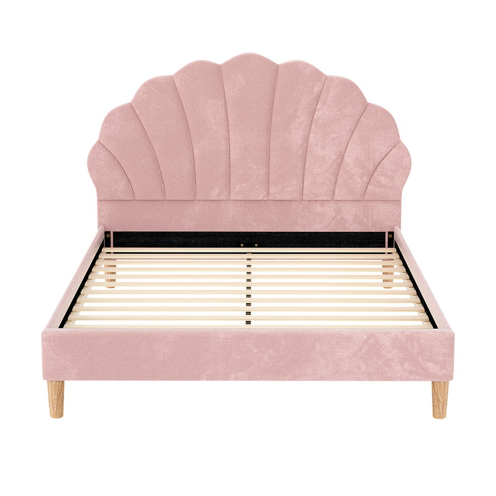 Bed Frame Double Size Scallop-Shape Bedhead Beds Base Pink Velvet Fabric