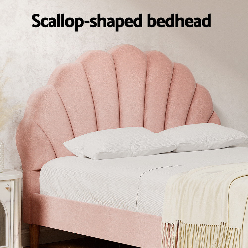 Bed Frame Double Size Scallop-Shape Bedhead Beds Base Pink Velvet Fabric