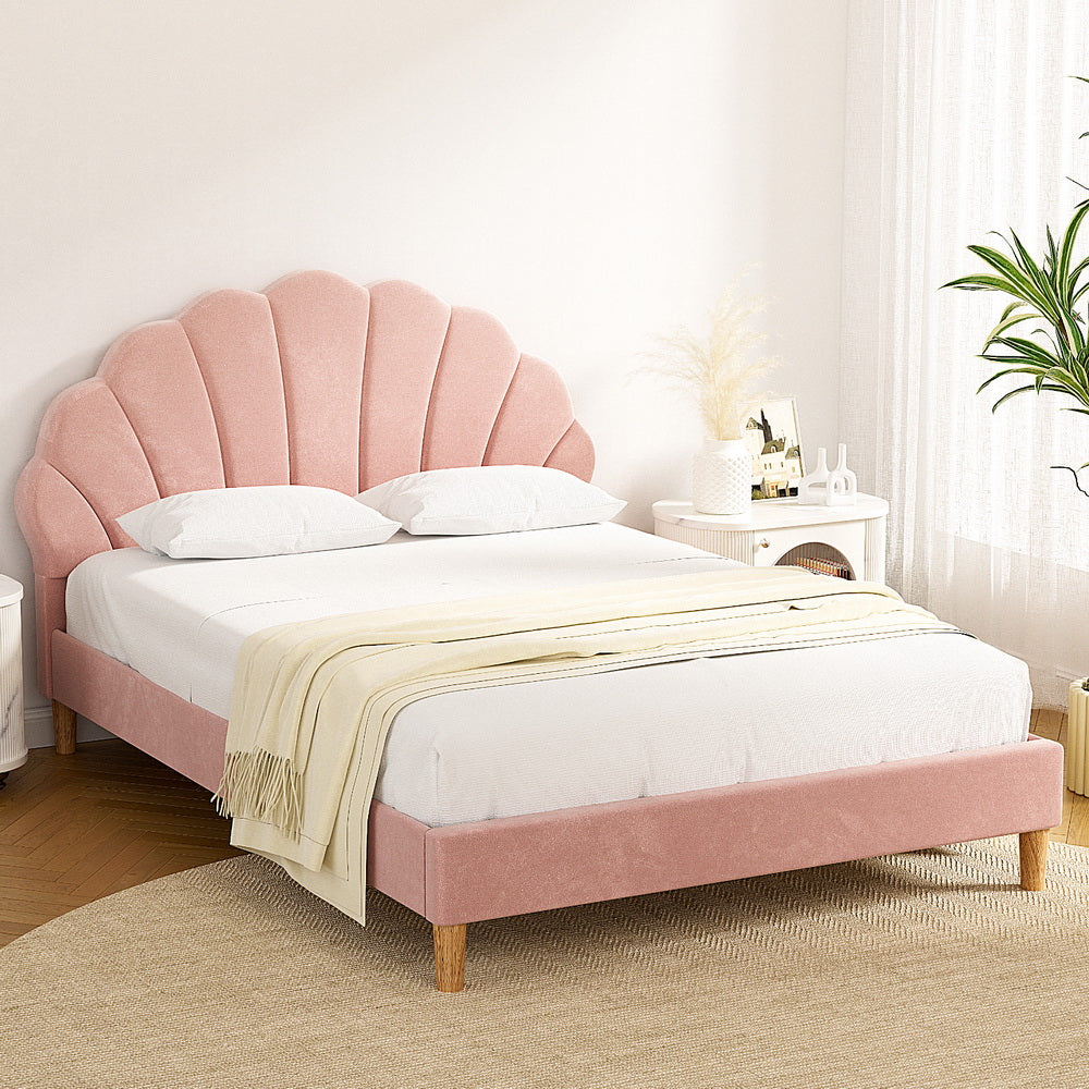 Bed Frame Double Size Scallop-Shape Bedhead Beds Base Pink Velvet Fabric