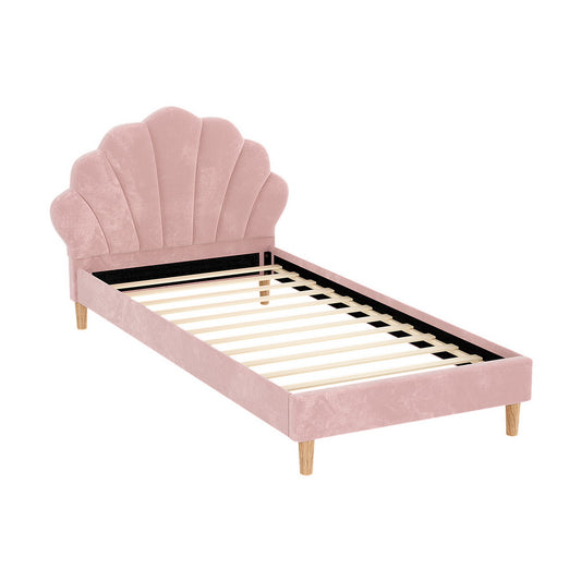 Bed Frame King Single Size Scallop-Shape Bedhead Beds Base Pink Velvet Fabric