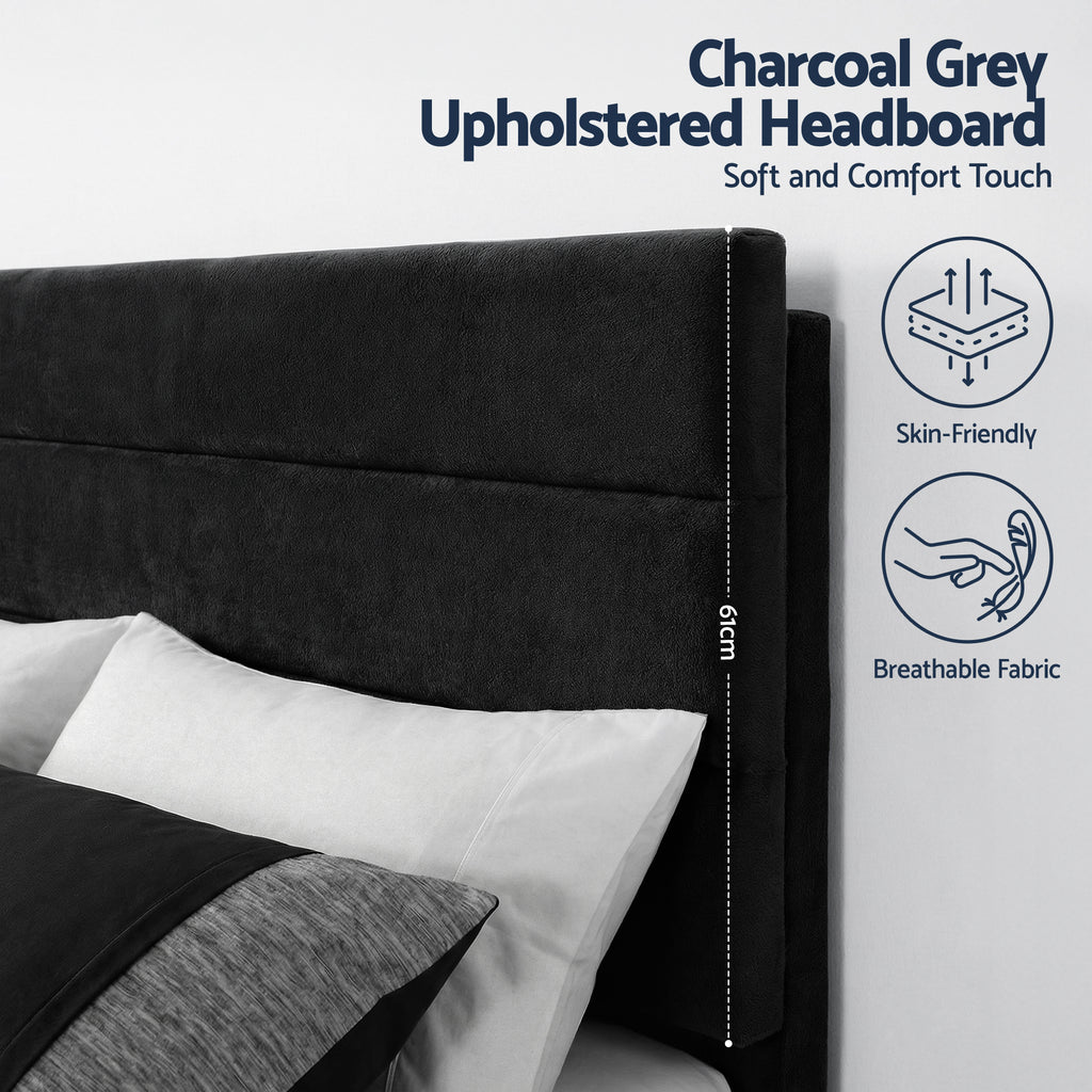 Artiss Double Bed Frame Upholstered Platform Base with Geometric Headboard Black Velvet