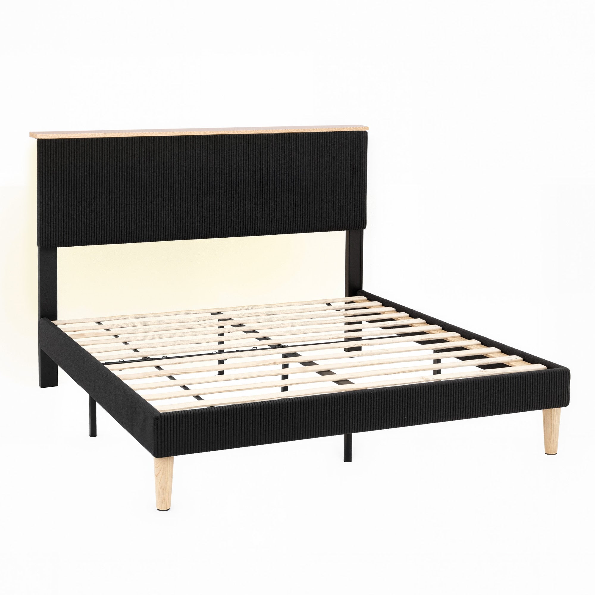 Artiss Double Bed Frame Upholstered Adjustable Headboard Mood Lighting Heavy Duty Black Velvet