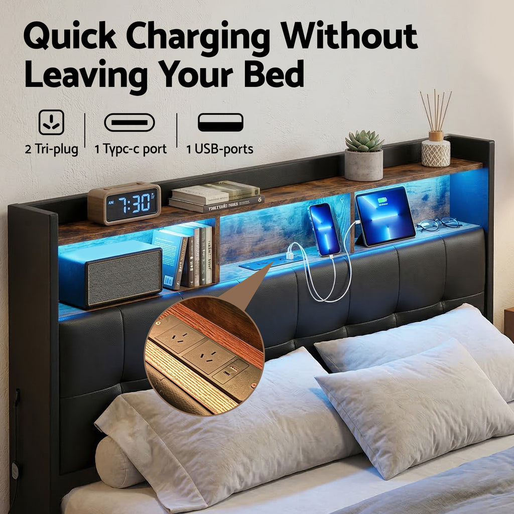 Artiss Queen Bed Frame with Gas Lift Storage LED Lights Charging Station Headboard with Open Shelf