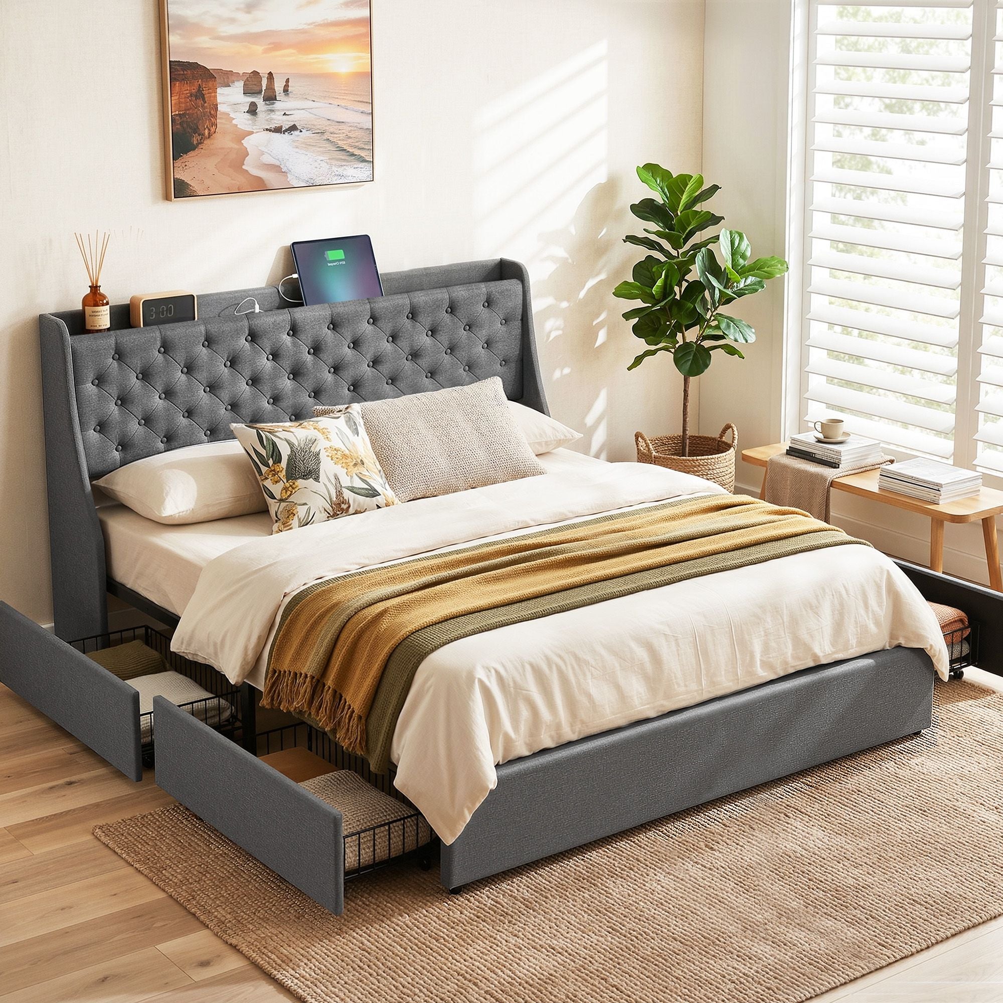 Artiss King Bed Frame with 4 Storage Drawers and Charging Station Tufted Wingback Headboard 300kg Loads Charcoal Grey