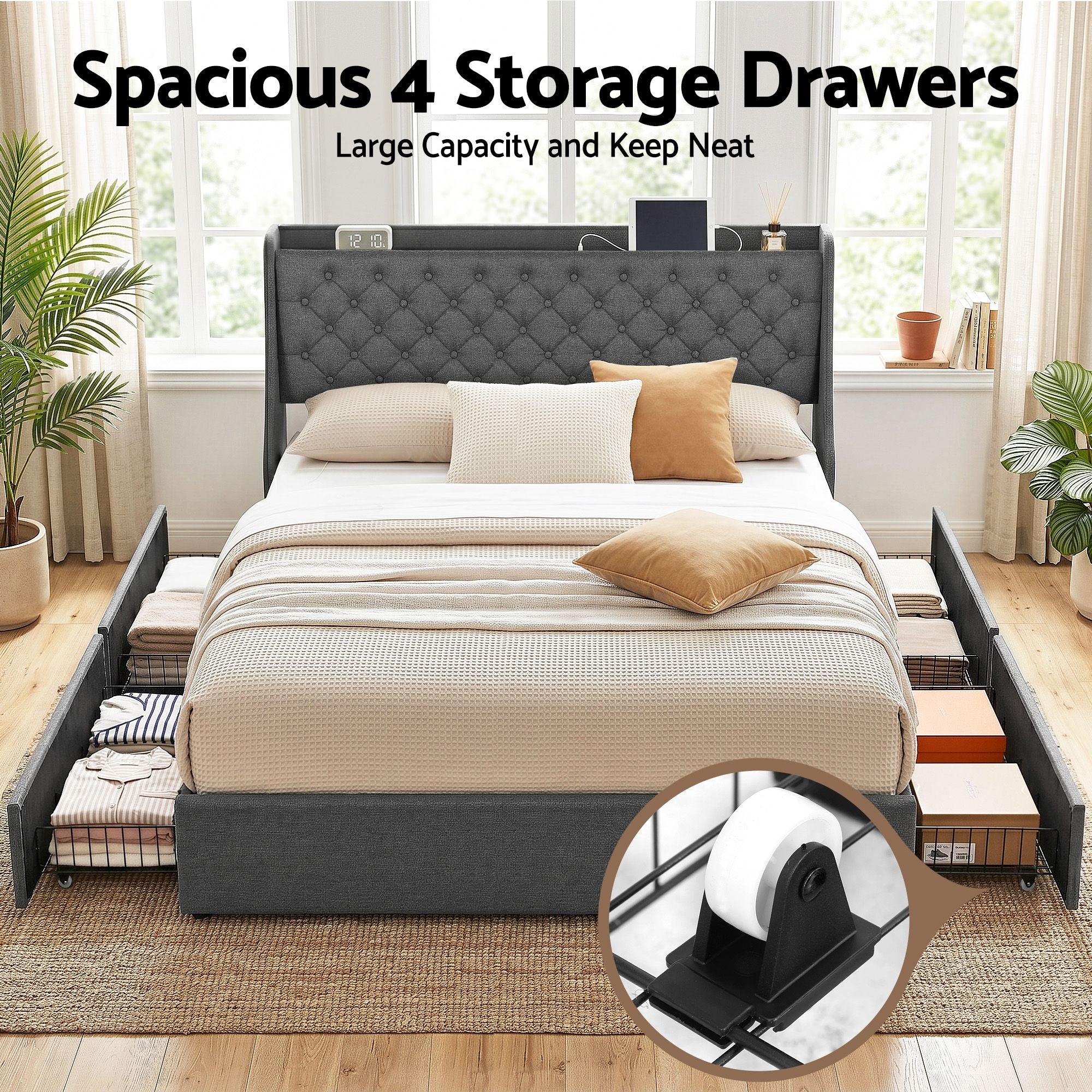 Artiss King Bed Frame with 4 Storage Drawers and Charging Station Tufted Wingback Headboard 300kg Loads Charcoal Grey