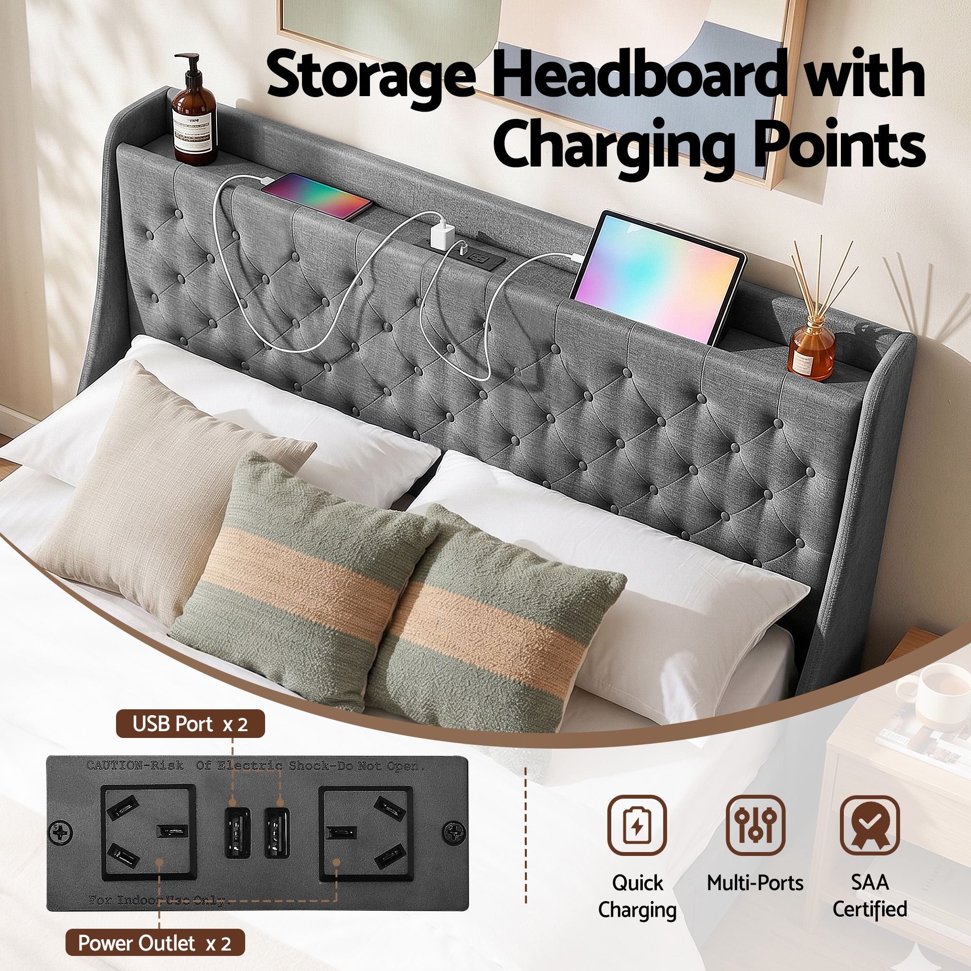 Artiss King Bed Frame with 4 Storage Drawers and Charging Station Tufted Wingback Headboard 300kg Loads Charcoal Grey