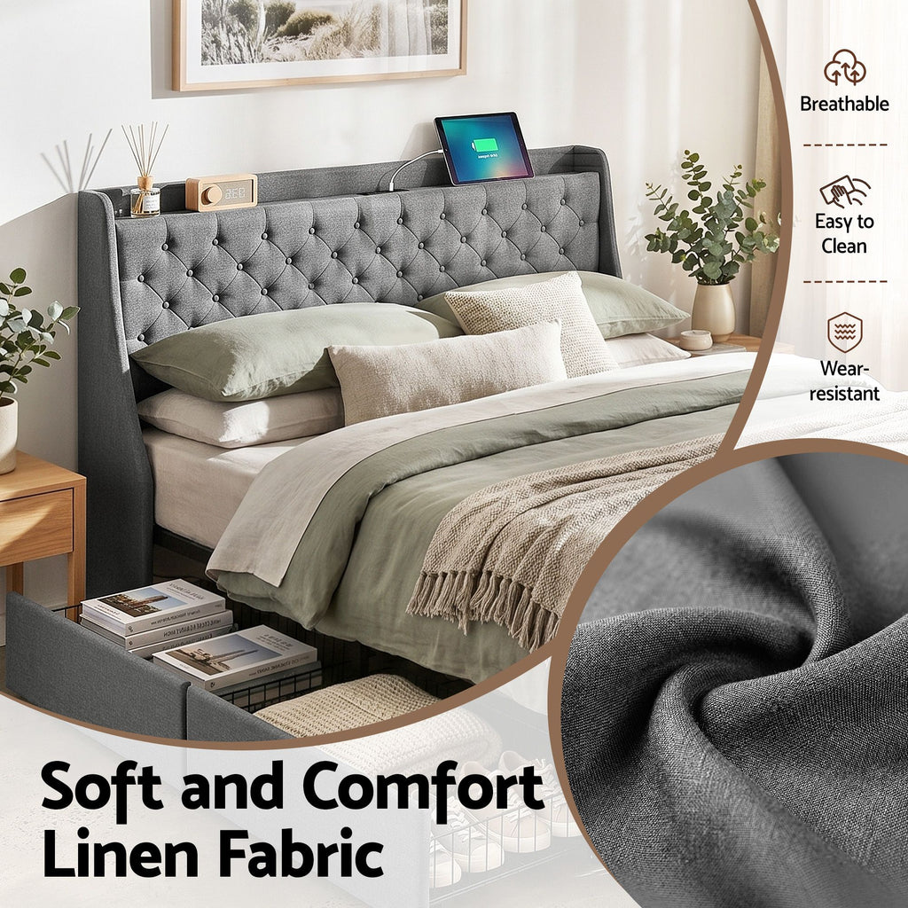 Artiss King Bed Frame with 4 Storage Drawers and Charging Station Tufted Wingback Headboard 300kg Loads Charcoal Grey