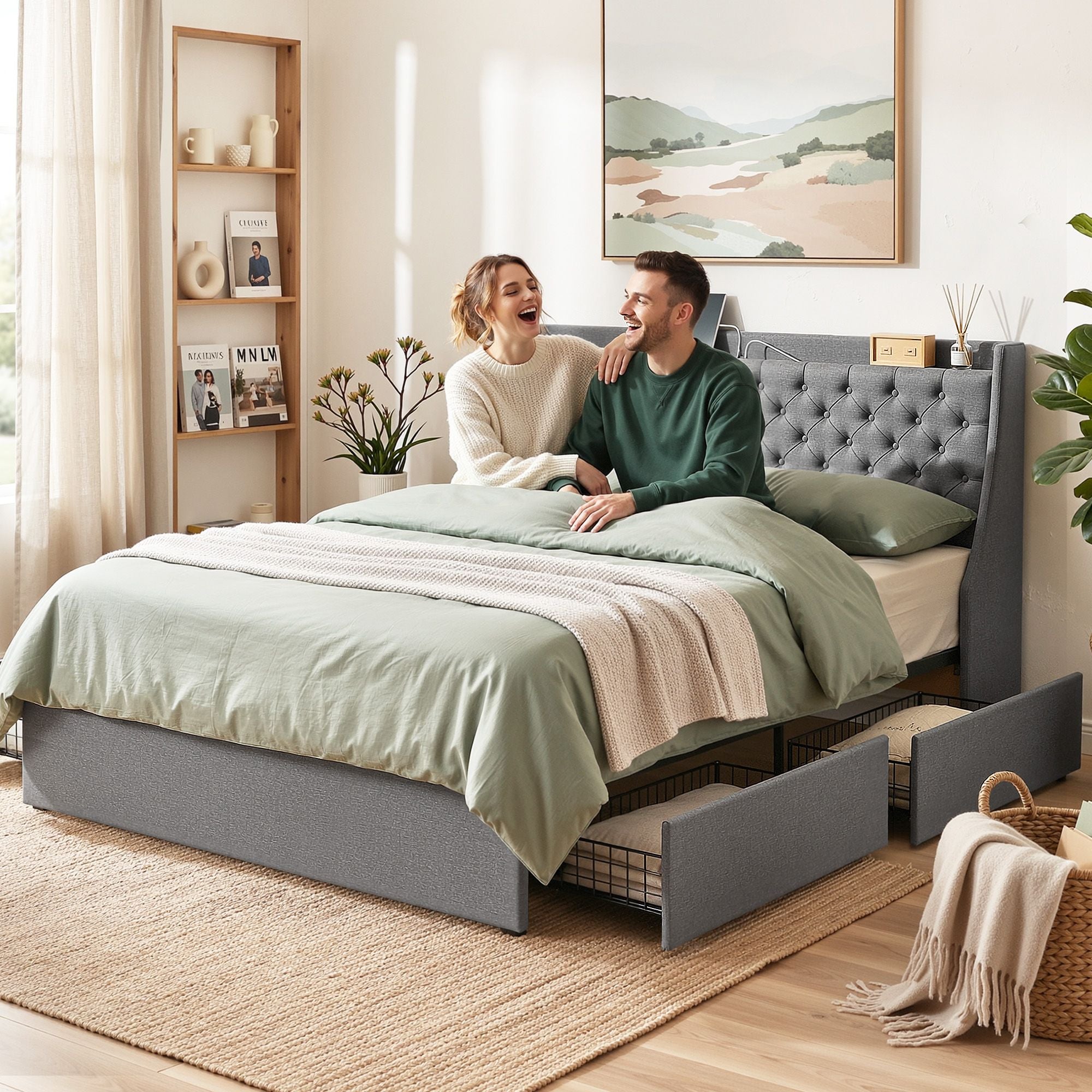 Artiss King Bed Frame with 4 Storage Drawers and Charging Station Tufted Wingback Headboard 300kg Loads Charcoal Grey