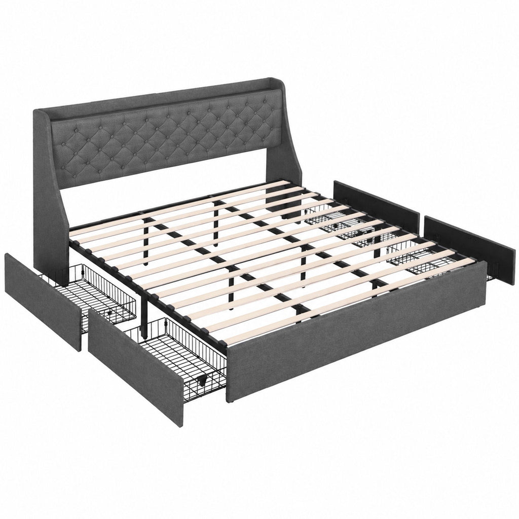 Artiss King Bed Frame with 4 Storage Drawers and Charging Station Tufted Wingback Headboard 300kg Loads Charcoal Grey