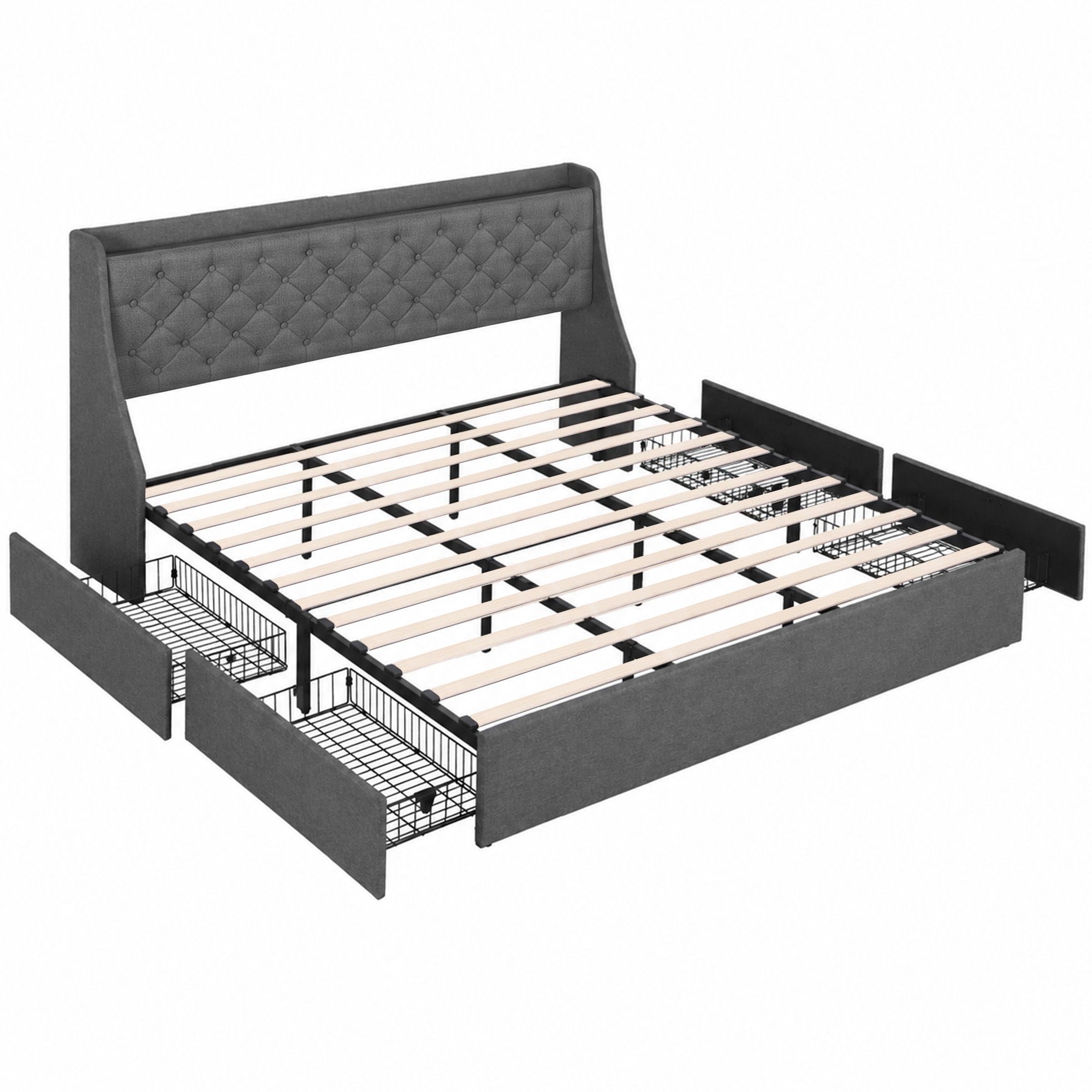 Artiss King Bed Frame with 4 Storage Drawers and Charging Station Tufted Wingback Headboard 300kg Loads Charcoal Grey