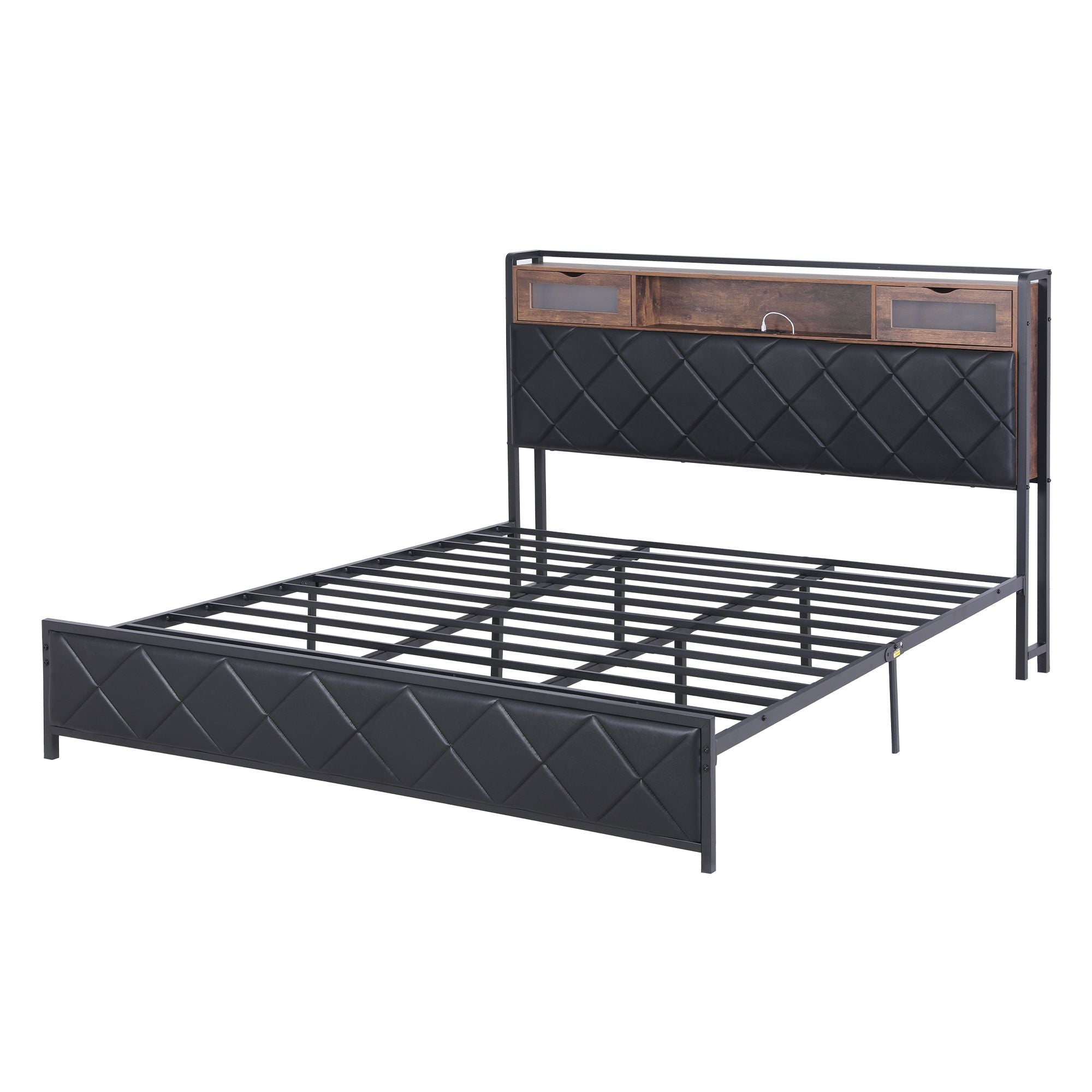 Artiss King Bed Frame with LED Lights and Storage Headboard Charging Station
