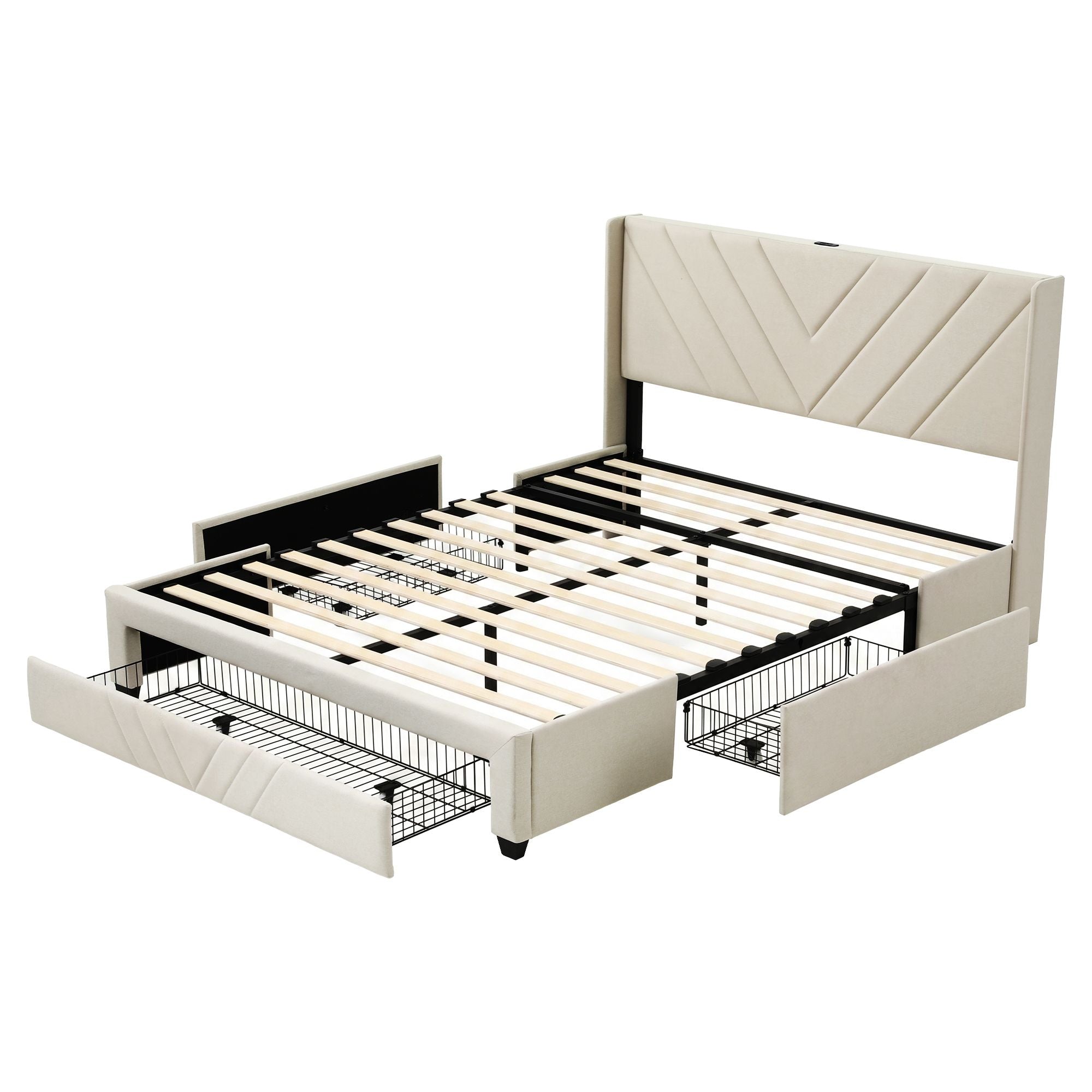 Artiss King Bed Frame with Charging Station and Storage Drawers Beige 300KG Noise Free