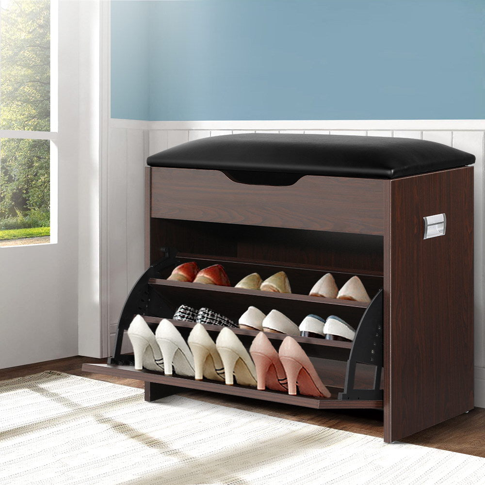 Shoe Rack Cabinet Bench 3-tier 15 Pairs Walnut